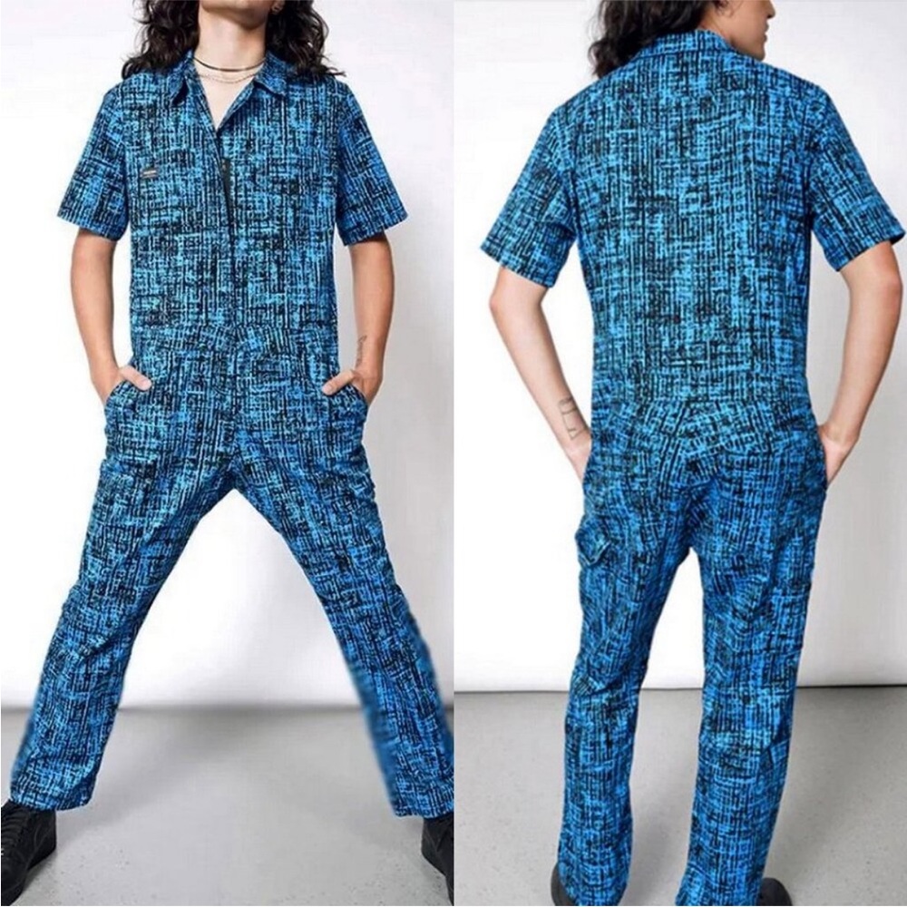 Wildfang Blue Black Printed Short-Sleeve Jumpsuit